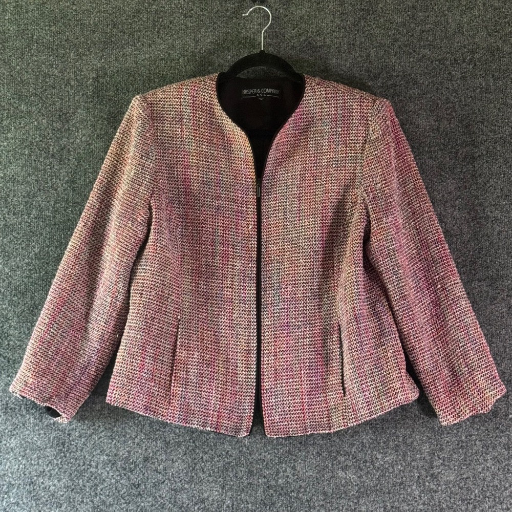 Kasper & Company ASL Tweed Jacket Womens L Pink Multi Silk Blend Excellent Zip